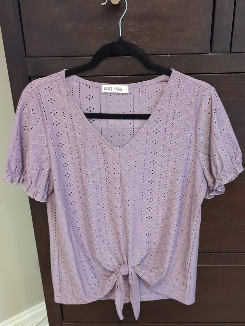 Grace Karin Lavender Eyelet Tie-Front V-Neck Short Sleeve Top